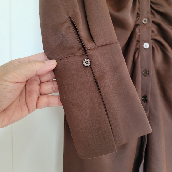 H&M Long Sleeve Button Down Ruched Bodycon Mini Dress Size Medium Brown - Picture 7 of 11